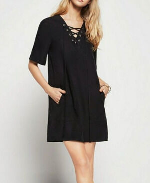 BCBGeneration Shift Mini Shirt Dress Womens XXS 2XS Black Lace Up Pockets